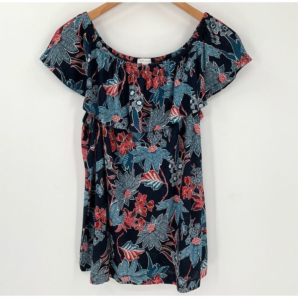 J Jill Love Linen Sarasa Tropical Off Shoulder Sleeveless Top Blue Medium Petite